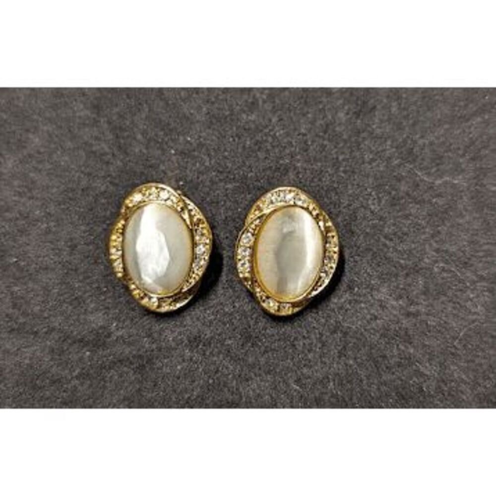 Vintage Roman Gold-Tone Cabochon Faux Pearl and Rhinestone Clip-on Earrings